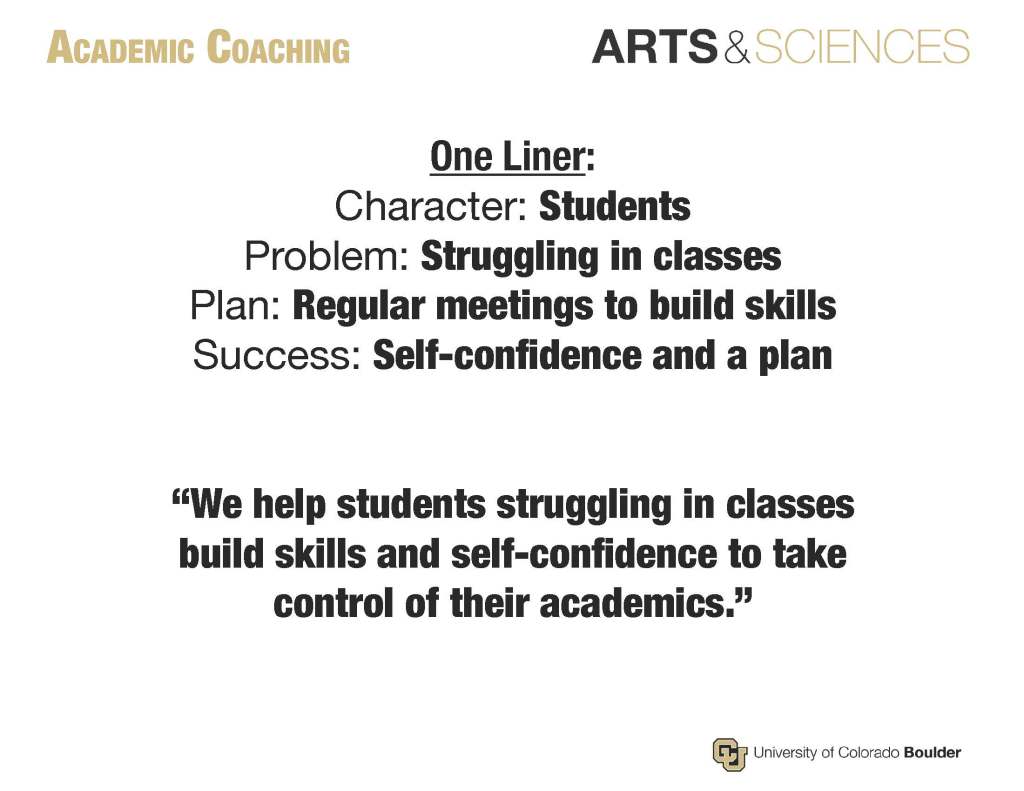 One Liner:
Character: Students
Problem: Struggling in classes
Plan: Regular meetings to build skills
Success: Self-confidence and a plan
“We help students struggling in classes build skills and self-confidence to take control of their academics.”