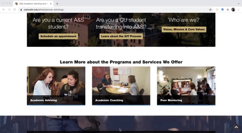 A single scroll of the academic advising site's homepage. An accessible version of the experience is available at https://www.colorado.edu/artssciences-advising/