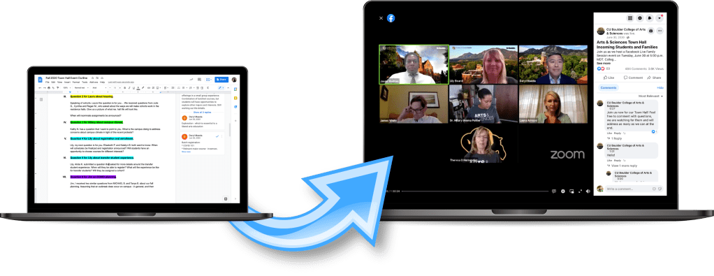 Viewer questions, color-coded to the relevant speaker, are shown in a Macbook mockup on the left. A mockup on a Mackbook screen of the Facebook Live event is shown on the right. A curved arrow pointing from left to right sits between the images.