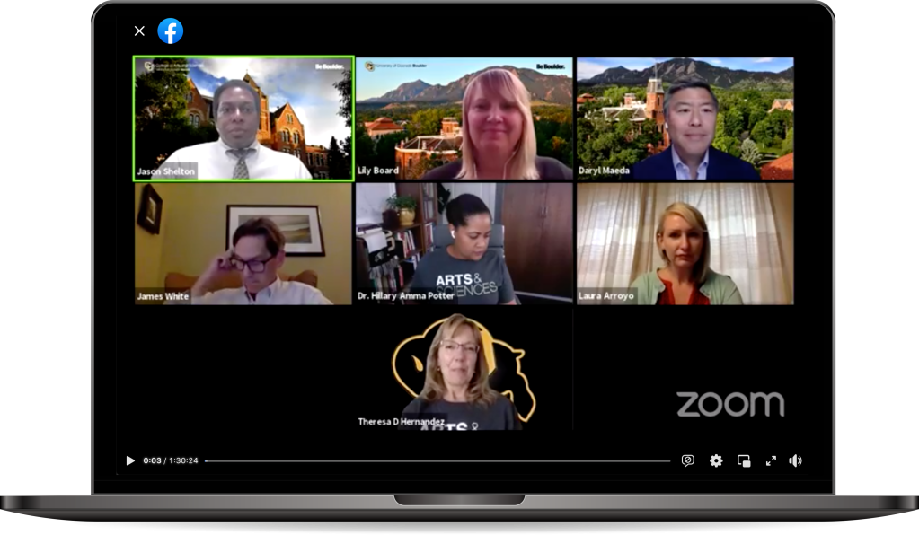 The faces of the seven-person panel are shown waiting to begin the Facebook broadcast. Image is rendered inside of a Macbook Pro laptop computer.